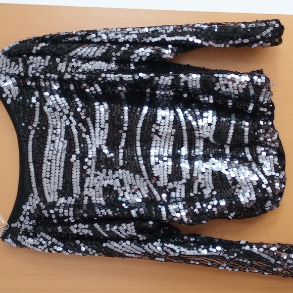 Rachel Zoe Holly Sequin Top Long-Sleeve Size 4 Black Silver NYE Holiday Party - Picture 2 of 4